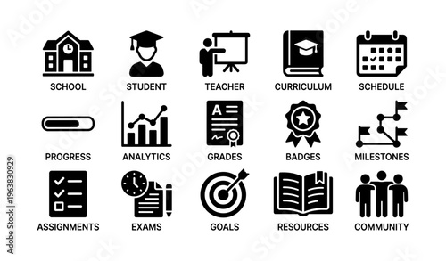 Educational icons: school, student, teacher, curriculum, schedule explained
