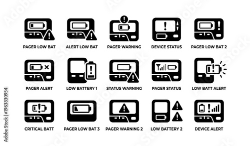 Pager low battery alert icons set for status and device warnings