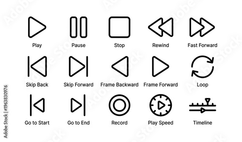 Media playback icons set: play, pause, stop, rewind, fast forward, loop, record, timeline