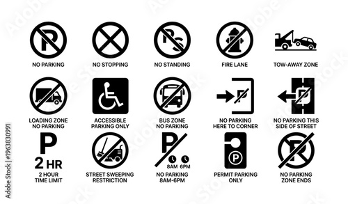 Traffic and parking signs for urban zones and regulations