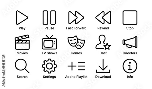Media control and navigation icons set for movies and tv shows