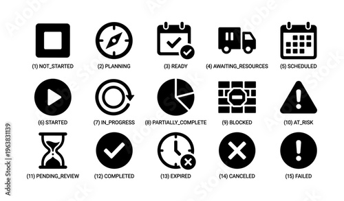 Project management status icons for workflow tracking and task analysis