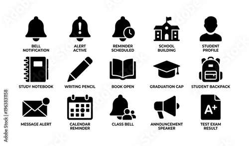 Educational icon set: bell, alert, school, student, tools, calendar, speaker