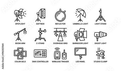 Studio lighting equipment icons: spotlight, softbox, reflector, umbrella light, light stand