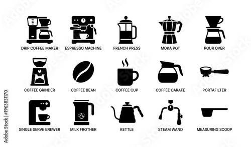 Silhouette icons of coffee brewing tools and equipment
