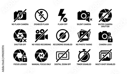 Camera and video icon set indicating various modes and functions in black and white