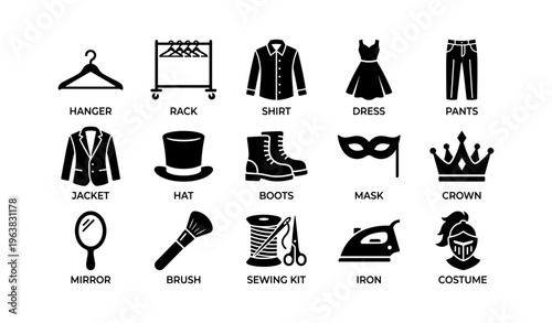 Fashion and costume icons: clothing, accessories, and tools symbols