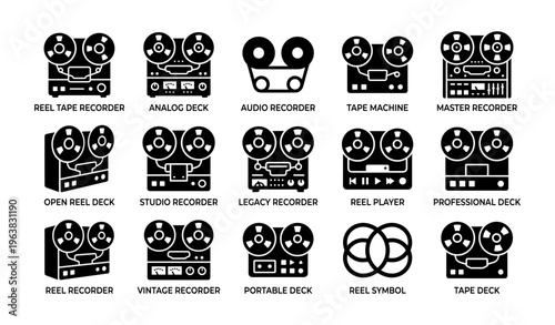 Vintage audio equipment icons collection featuring reel recorders and tape machines