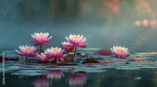 Pink water lilies blooming on calm water with soft lighting and reflection