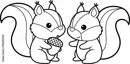 Two cute cartoon squirrels facing each other with one holding an acorn