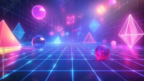 Abstract geometric shapes floating in illuminated 3 d space background