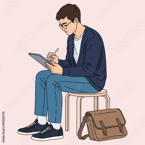 Artist sitting on stool drawing on digital tablet with stylus pen.