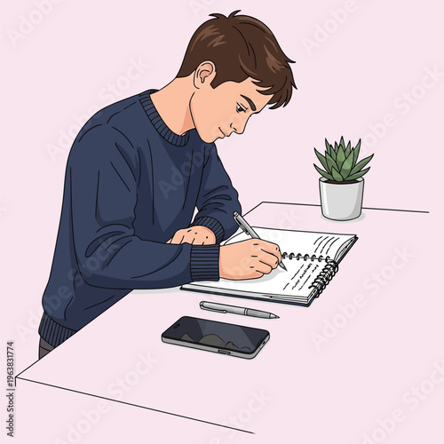 Young man studying and writing notes in notebook, table with plant and phone, vector graphic.