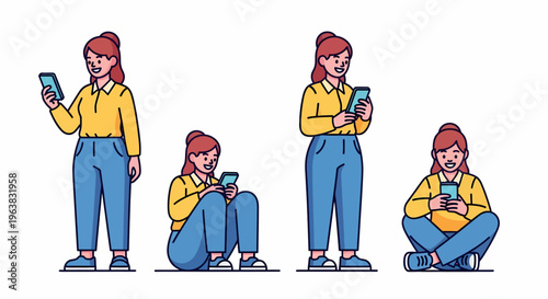 A woman in various poses using a smartphone, standing and sitting, illustrating mobile device usage and modern digital interaction.