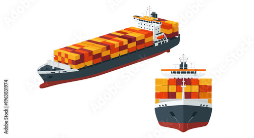 Isometric and frontal views of a large cargo container ship loaded with many colorful shipping containers, illustrating global logistics and maritime transport.