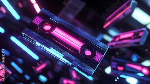 Abstract illustration of glowing cassette tapes in a dark digital environment