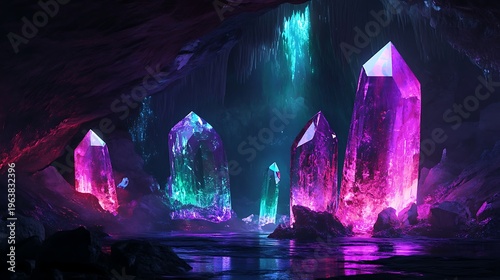 Abstract illustration of glowing crystals in a dark cave environment