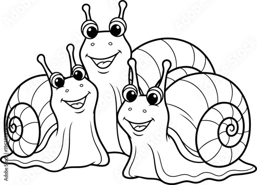 Three happy snails smiling together