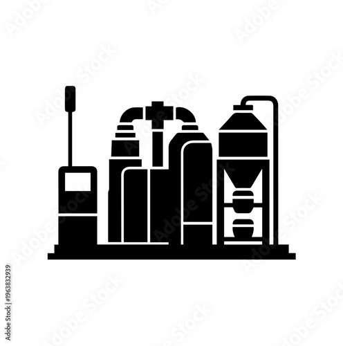 Chemical Processing Plant Silhouette Vector with Distillation Towers and Refinement Tanks Icon for Oil Gas and Biofuel Industry Design