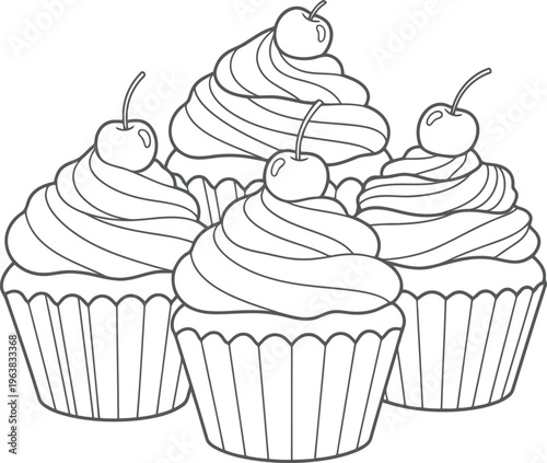 A black and white drawing of cupcakes with cherries on top