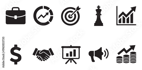 Business icons collection for finance and strategy, including briefcase graph king chess and coins