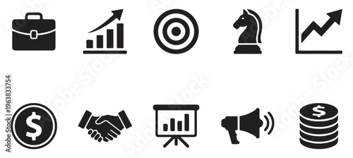 Corporate finance icon set with knight piece bar chart dollar coin handshake and presentation board elements