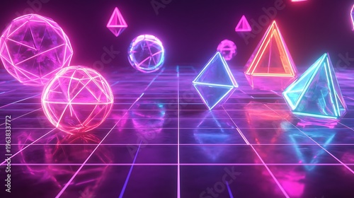 Abstract neon geometric shapes on a grid surface vibrant cyberpunk design