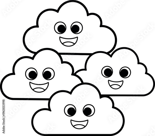 A group of smiling cartoon clouds