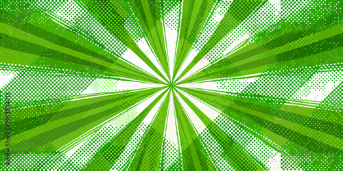 Abstract green and white burst background with halftone patterns