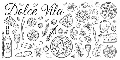 Hand drawn illustration of italian food drinks and decorative elements