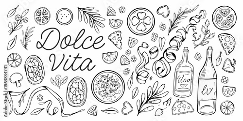 Hand drawn illustration of italian food wine and botanical elements