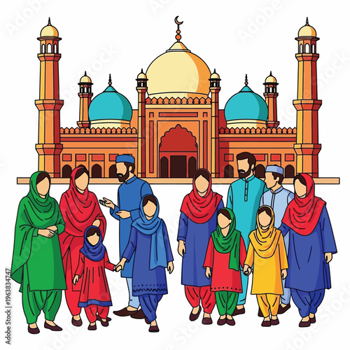 Muslim family standing together in front of majestic mosque with minarets