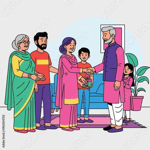 Multi generational family welcoming guests with handshake and gifts at home