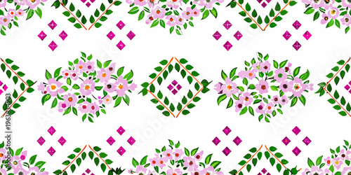 Floral pattern with pink blossoms green leaves and diamond shapes