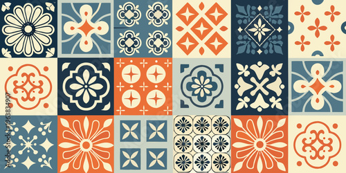 Colorful vintage tile patterns arranged in a grid formation