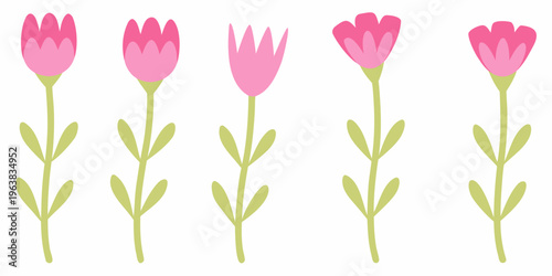 Five stylized pink flowers with green stems on a white background