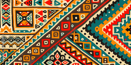 A vibrant and colorful geometric pattern resembling tribal textile art