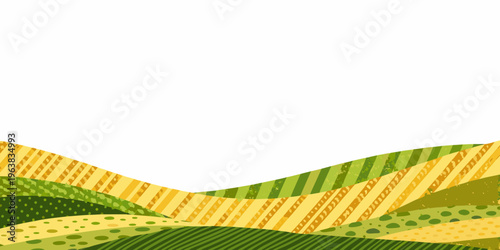 Stylized landscape illustration featuring rolling hills in shades of green and gold