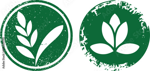 Two distressed green circular icons showcase elegant white leaf and plant sprout designs
