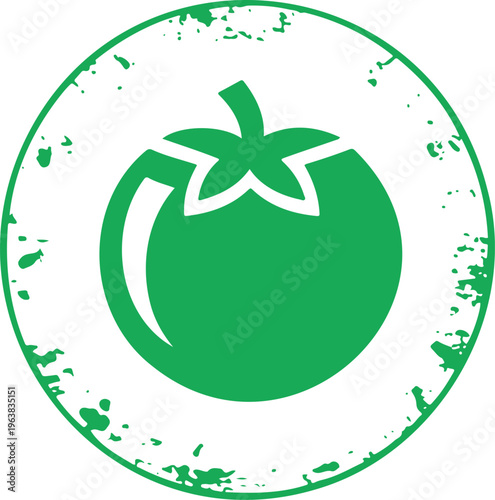 Single vibrant green tomato icon presented within a rustic distressed grunge circle