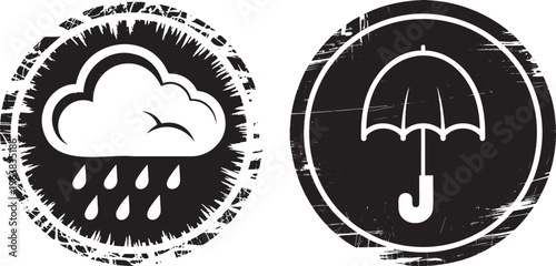A cloud shedding raindrops and a protective umbrella appear within two distressed black circular stamps