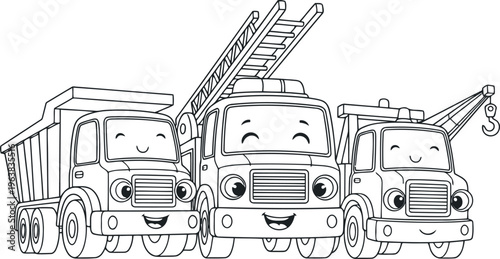 Line drawing of three construction trucks with cranes and trailer