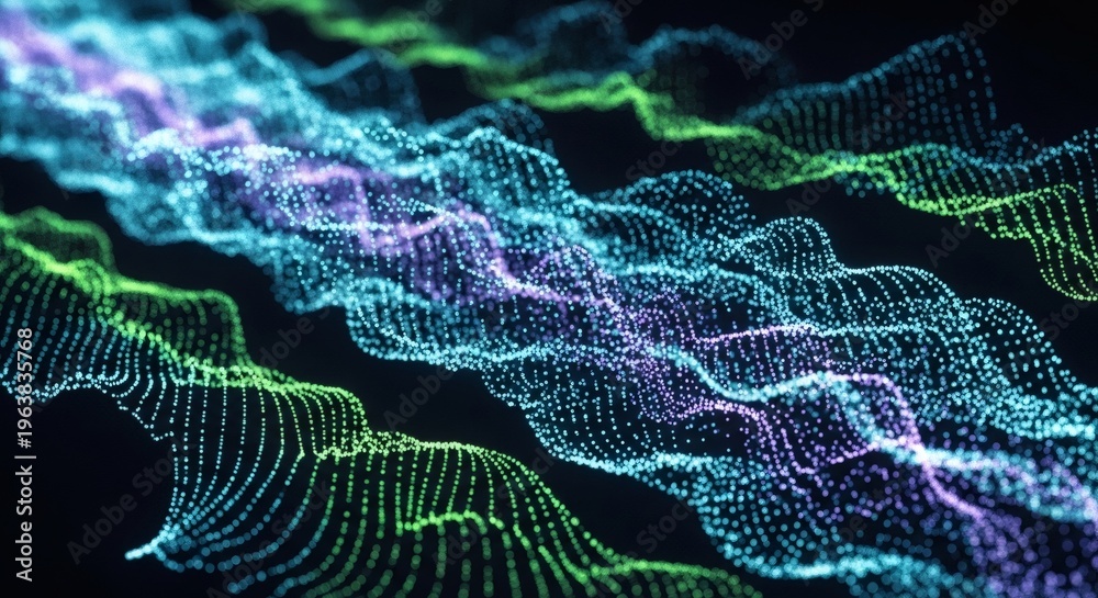 Naklejka premium Abstract glowing particle waves. Futuristic digital data visualization, sound wave, or technological information flow.