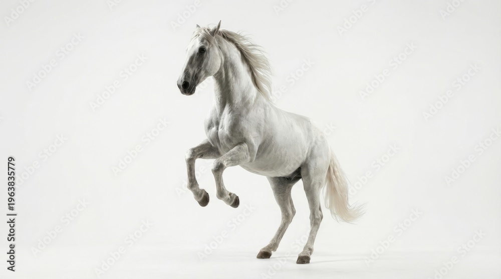 Fototapeta premium White Horse Rearing Energetic Stallion On Plain Background.
