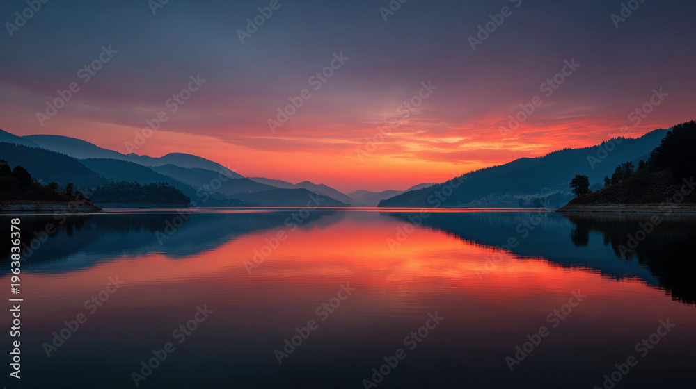 Fototapeta premium A calm lake at sunset sun glowing in soft red and orange at horizon, mountain silhouette reflected on glassy water, peaceful landscape with warm sky and serene mood