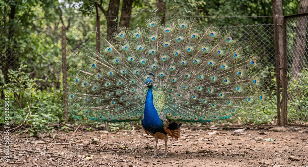 Fototapeta premium Indian Peacock Displaying Feathers Full Tail Fan Wildlife Nature Photography