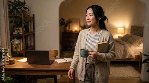 Calm evening routine woman with book mug and cozy bedroom lighting