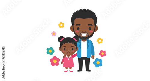 African American Father and Daughter Vector Illustration, Cute Cartoon Style with Colorful Flowers, Celebrating Family Bond and Childhood Joy, Diversity Parenting