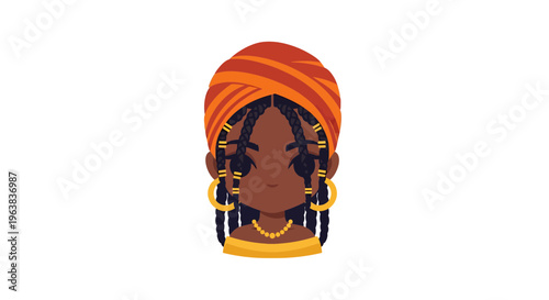 African American Woman Vector Illustration with Braided Hair and Orange Turban, Chibi Style Graphic for Diversity, Beauty, and Cultural Content
