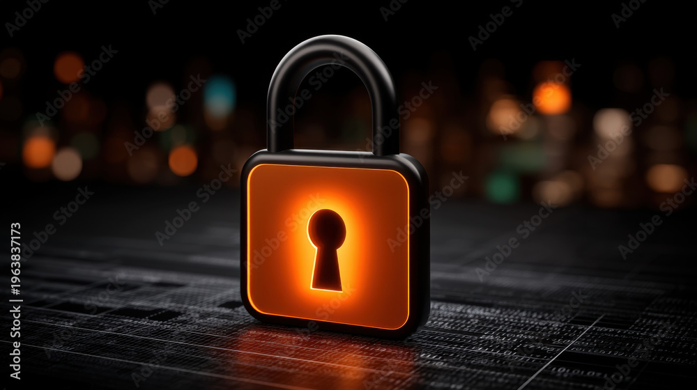 Fototapeta premium Glowing orange padlock on digital surface, illuminated keyhole symbol conveying cybersecurity and data protection in futuristic scene
